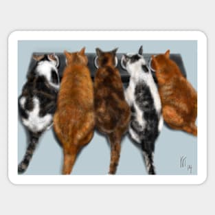 Five Cats Having Dinner Sticker